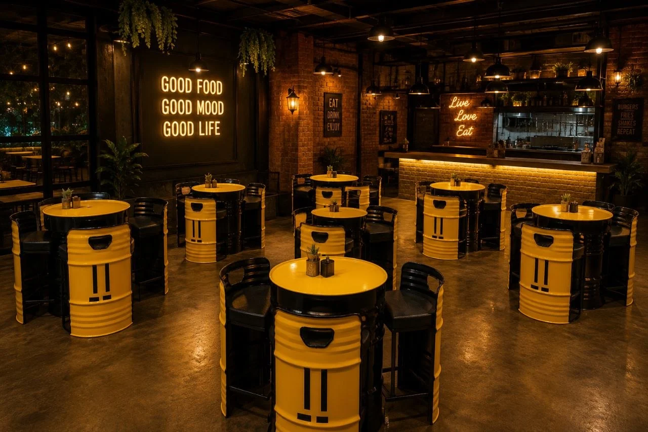 Café interior fully furnished with yellow-and-black steel-barrel bar tables and stools